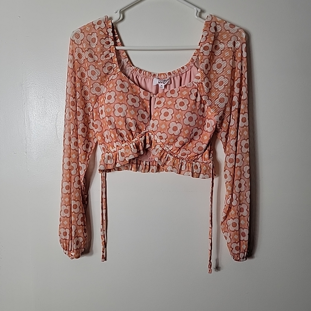 Madden NYC Women's Pink White Orange Floral Long Sleeve Crop Top, M